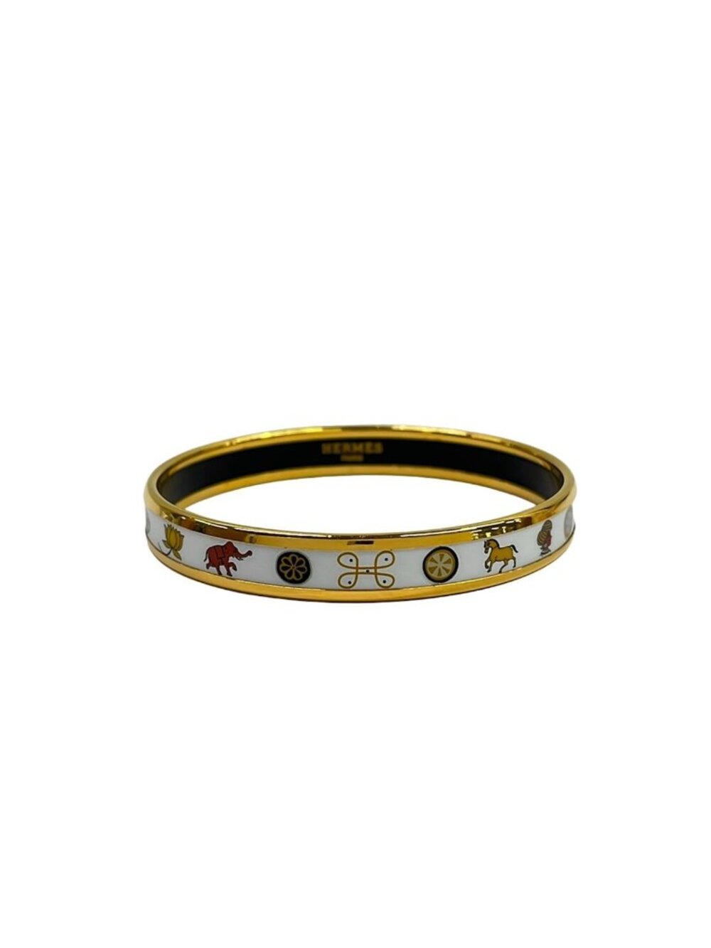 Hermes Bangle Enamel PM Gold White Multi Fish Horse Bracelet